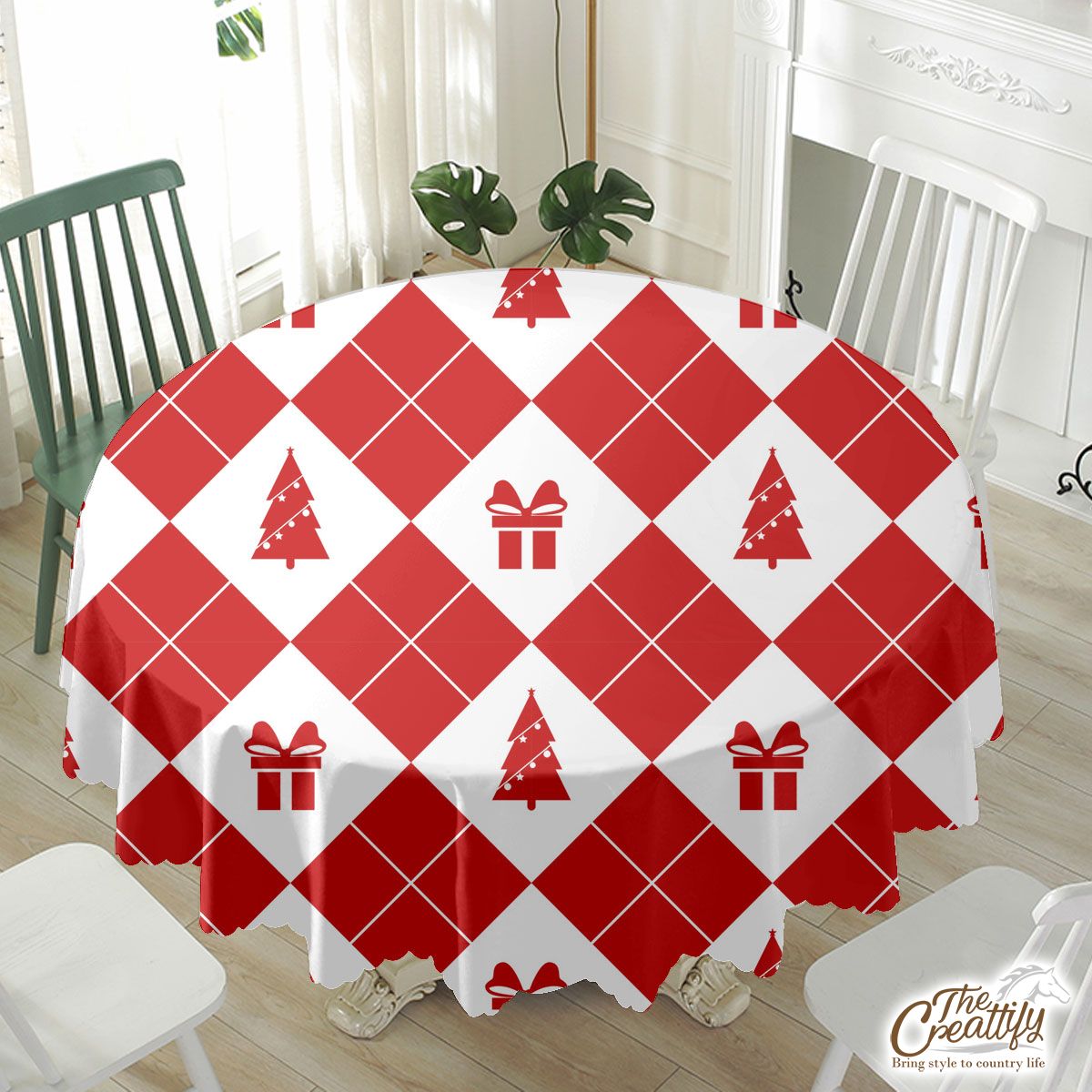 Christmas Gifts, Pine Tree Red And White Checkerboard Seamless Pattern Waterproof Tablecloth