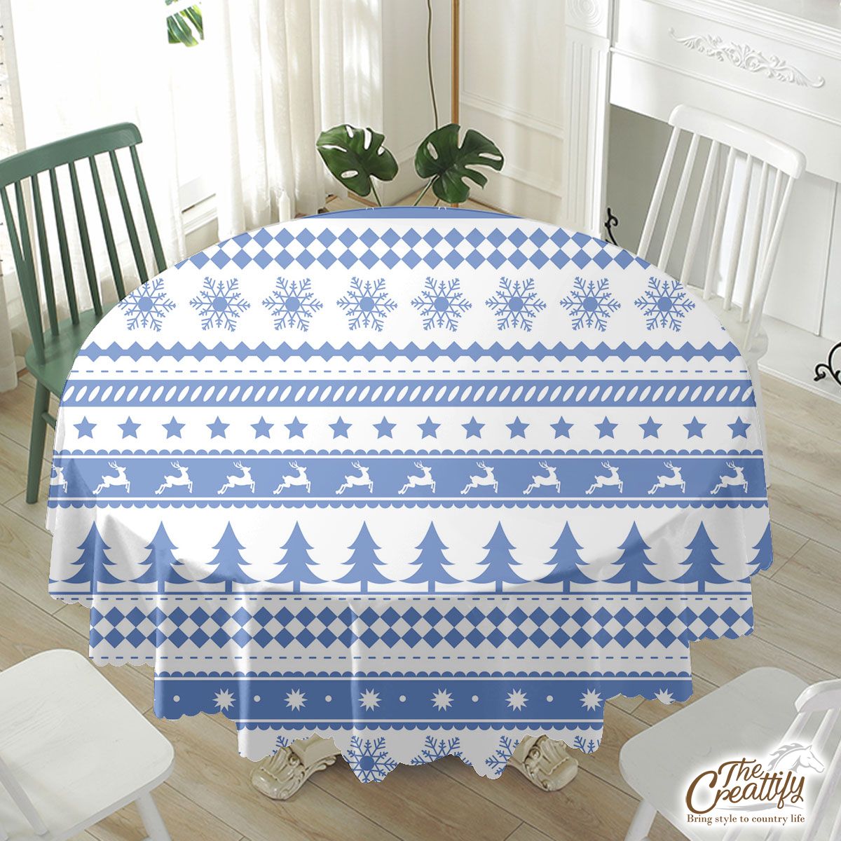 Christmas Pine Tree Silhouette, Reindeer And Snowflake Seamless Blue Pattern Waterproof Tablecloth
