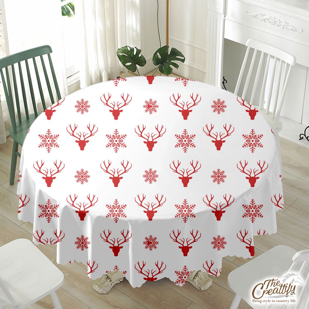 Christmas Reindeer And Snowflake Clipart Seamless White Pattern Waterproof Tablecloth