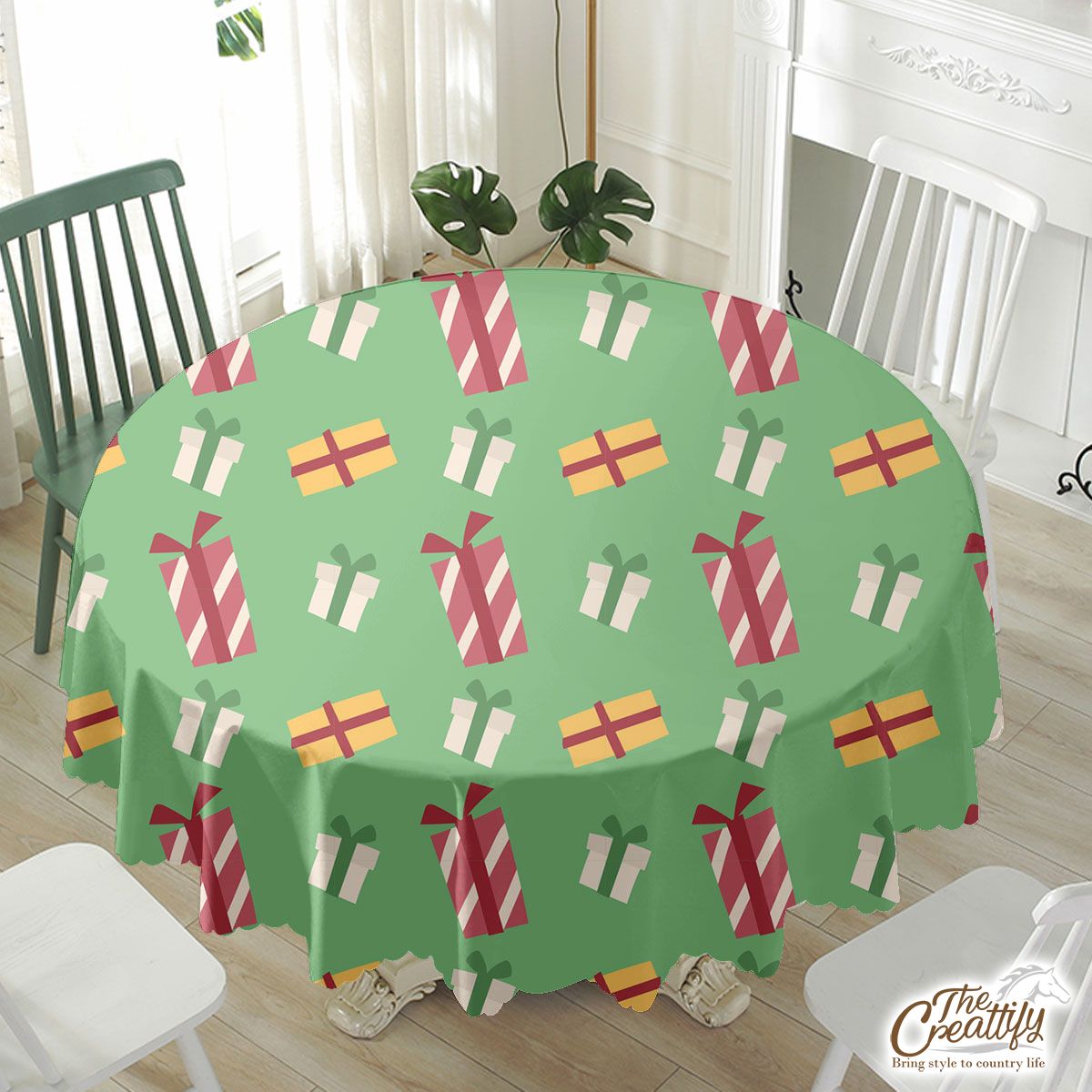 Colorful Christmas Gifts Seamless Green Pattern Waterproof Tablecloth