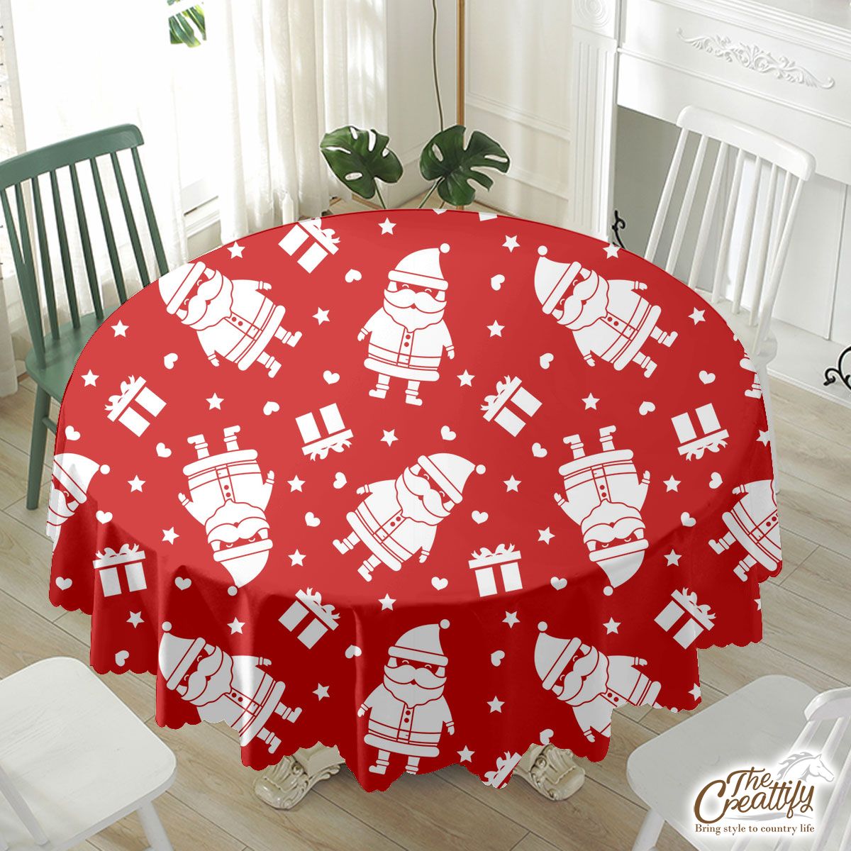 Cute Santa Claus With Christmas Gifts On The Red Background Waterproof Tablecloth