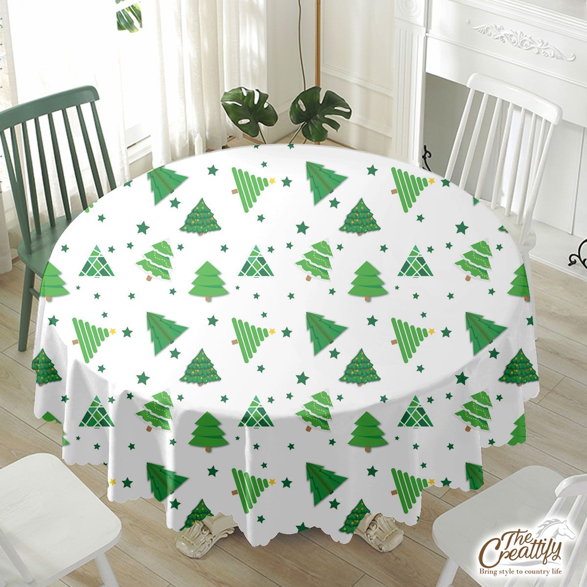 Green And White Pine Tree Seamless Pattern Waterproof Tablecloth