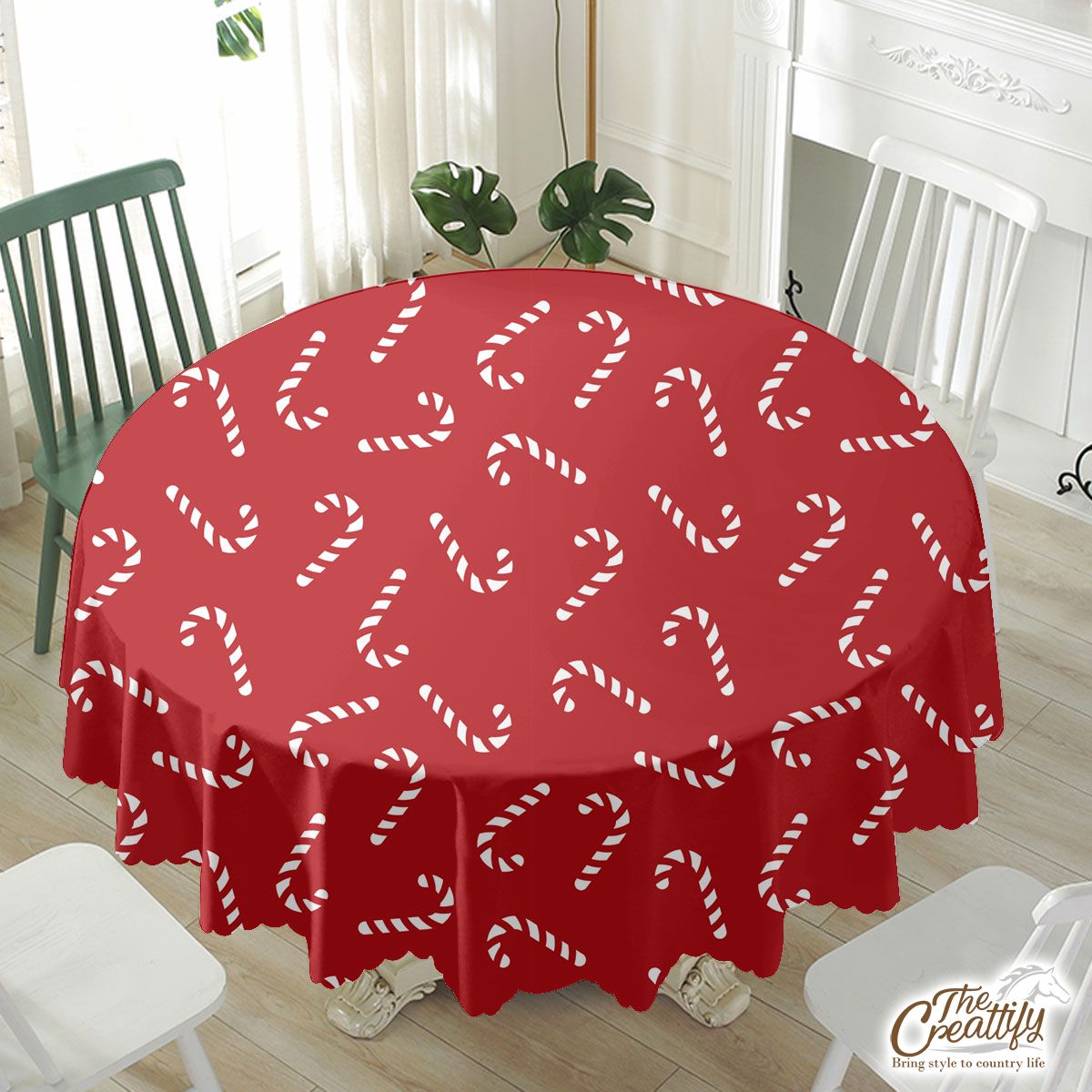 Happy Christmas With Candy Canes Seamless Red Pattern Waterproof Tablecloth