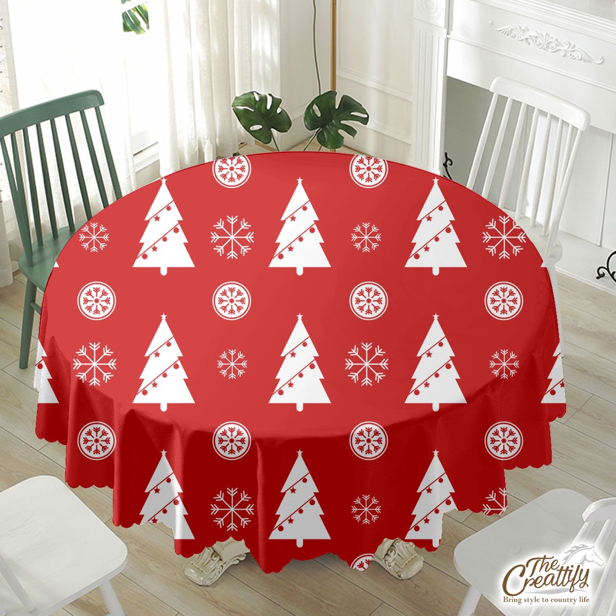 Pine Tree Decorated With Christmas Light And Snowflake Seamless Red Pattern Waterproof Tablecloth