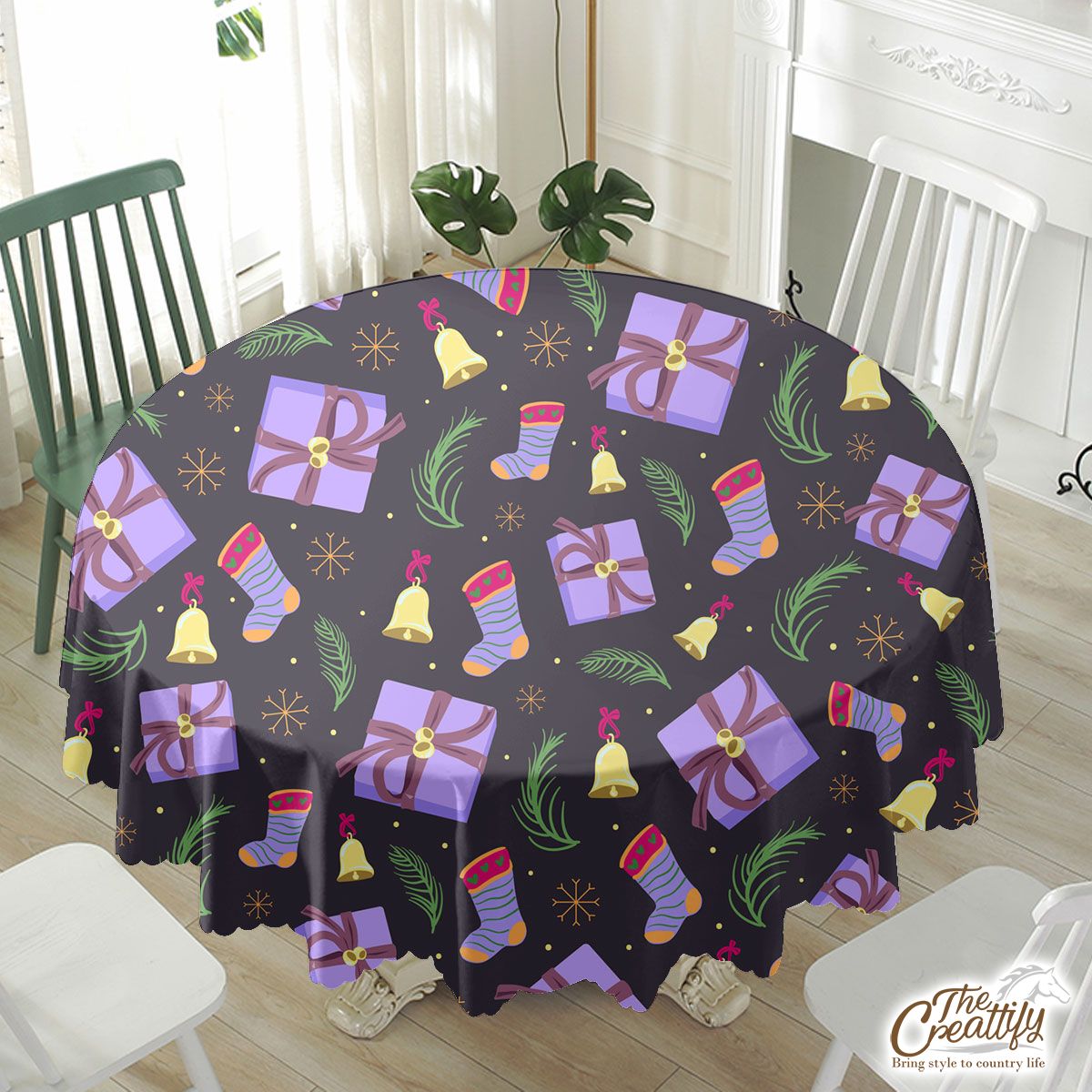 Purple Christmas Gifts And Socks With Bells On The Snowflake Dark Background Waterproof Tablecloth