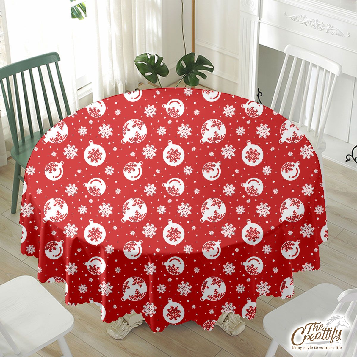 Red And White Christmas Balls On The Snowflake Background Waterproof Tablecloth