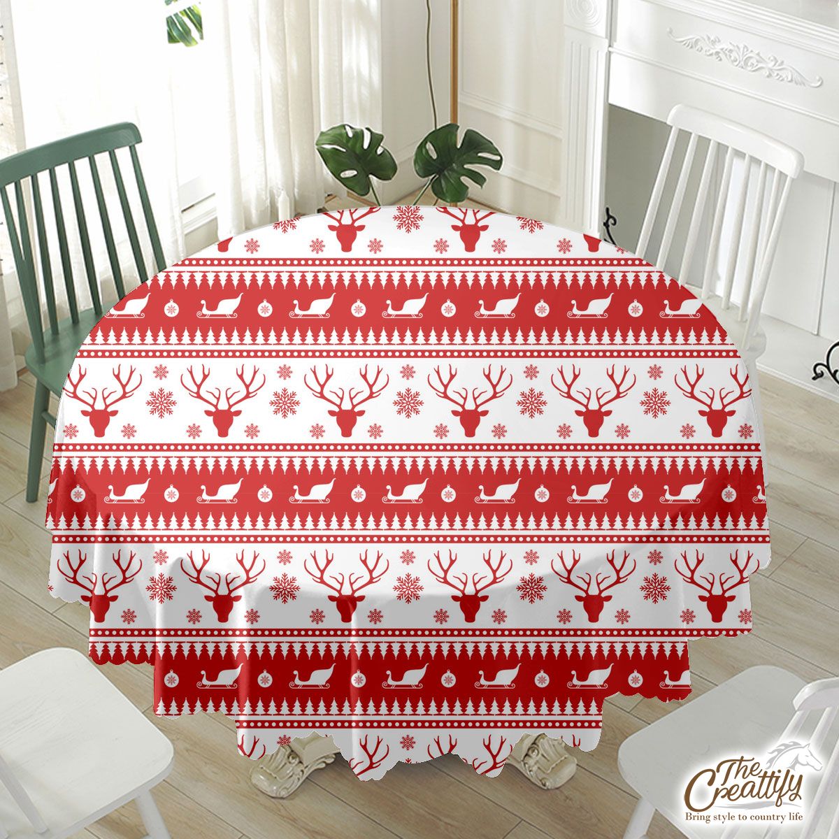 Red And White Reindeer, Santa Sleigh, Christmas Balls On The Snowflake Background Waterproof Tablecloth