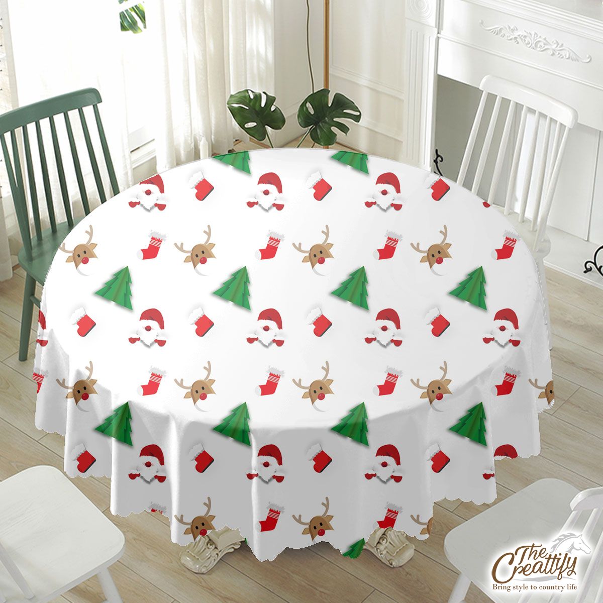 Santa Claus, Pine Tree Silhouette, Christmas Reindeer And Red Socks Seamless Pattern Waterproof Tablecloth