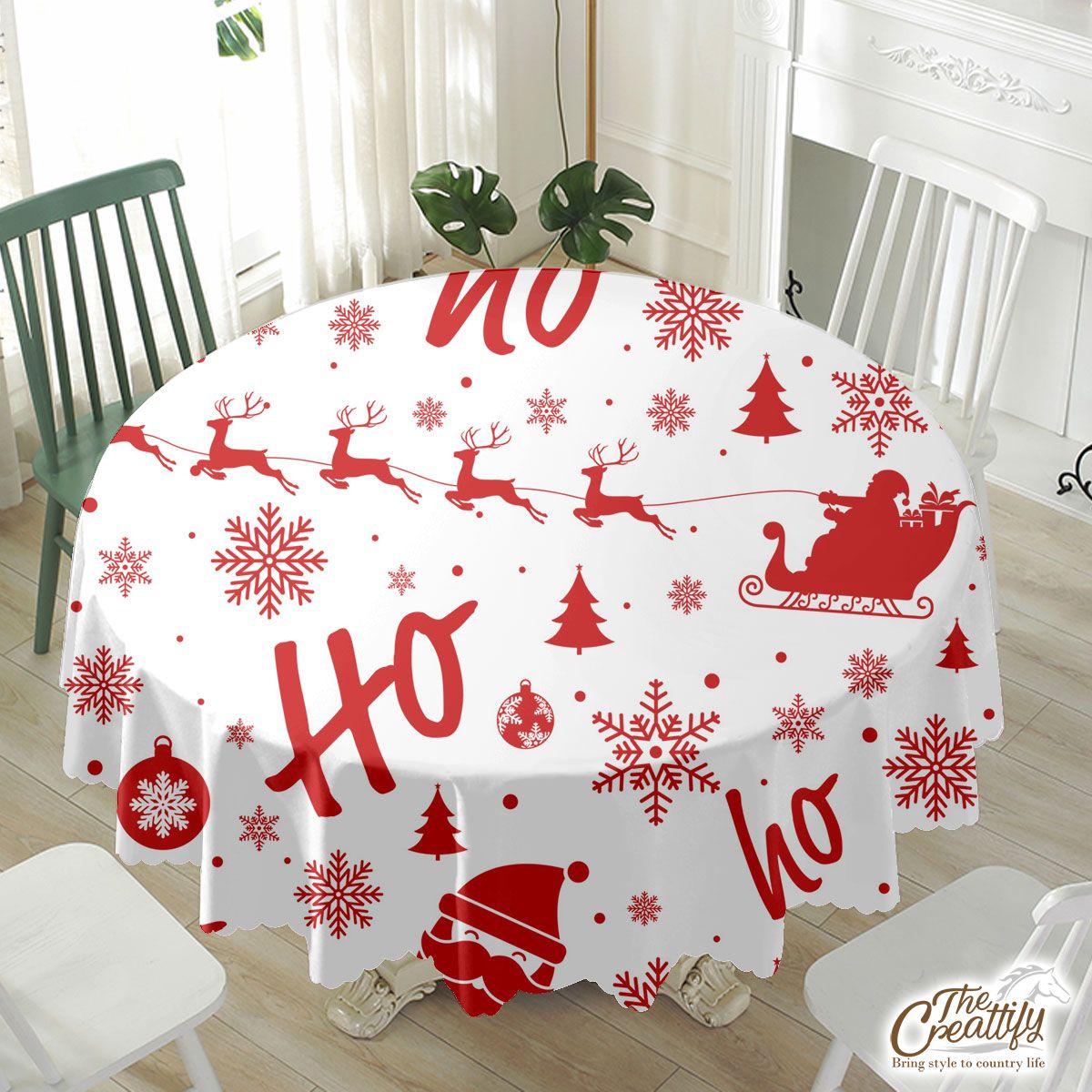 Santa Claus, Santas Reindeer And Christmas Sleigh On The Snowflake Background Waterproof Tablecloth