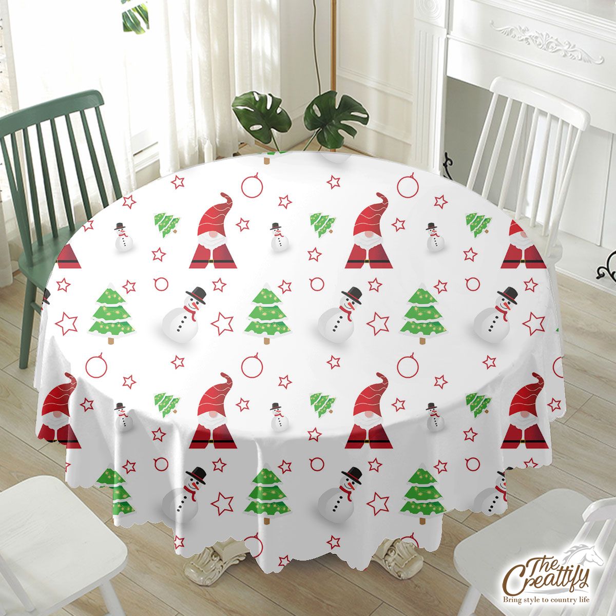 Santa Claus, Snowman Clipart And Pine Tree Silhouette Seamless Pattern Waterproof Tablecloth