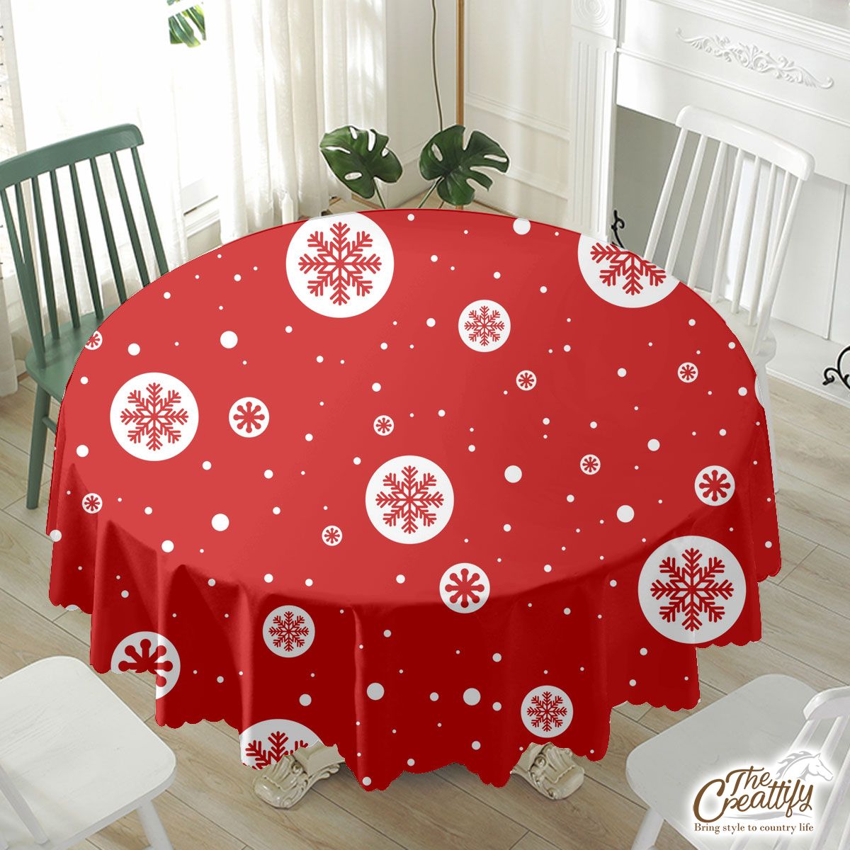 Snowflake Clipart On The Red Background Waterproof Tablecloth
