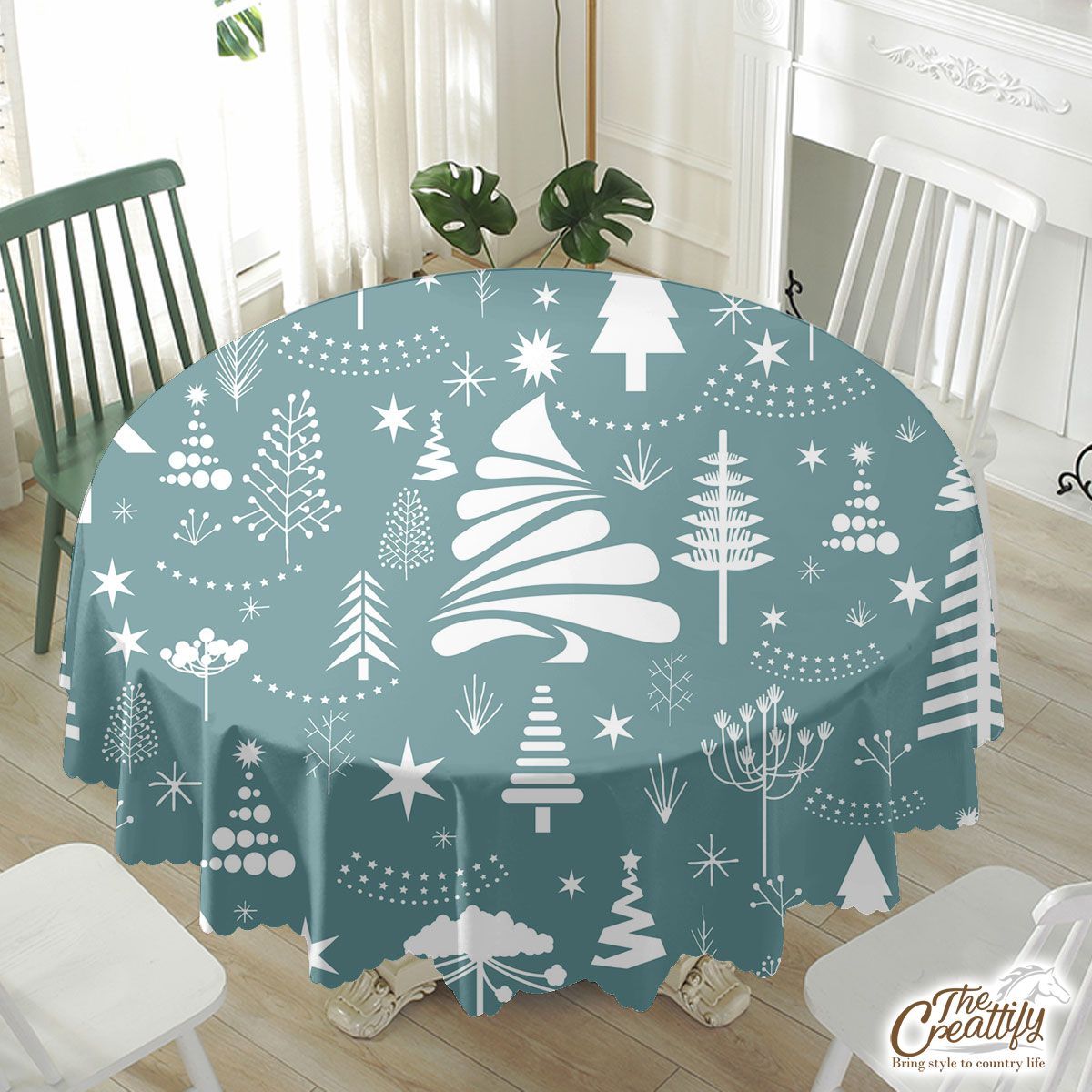 White And Blue Pine Tree Silhouette Pattern Waterproof Tablecloth