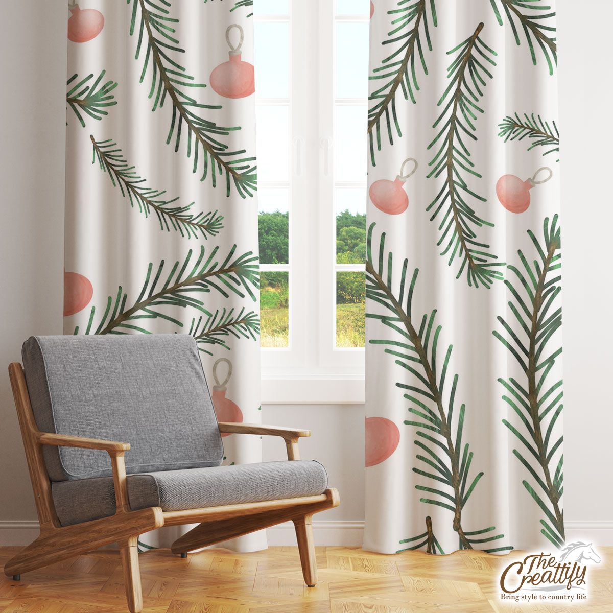 Christmas Balls, Christmas Tree Branches White Pattern Window Curtain