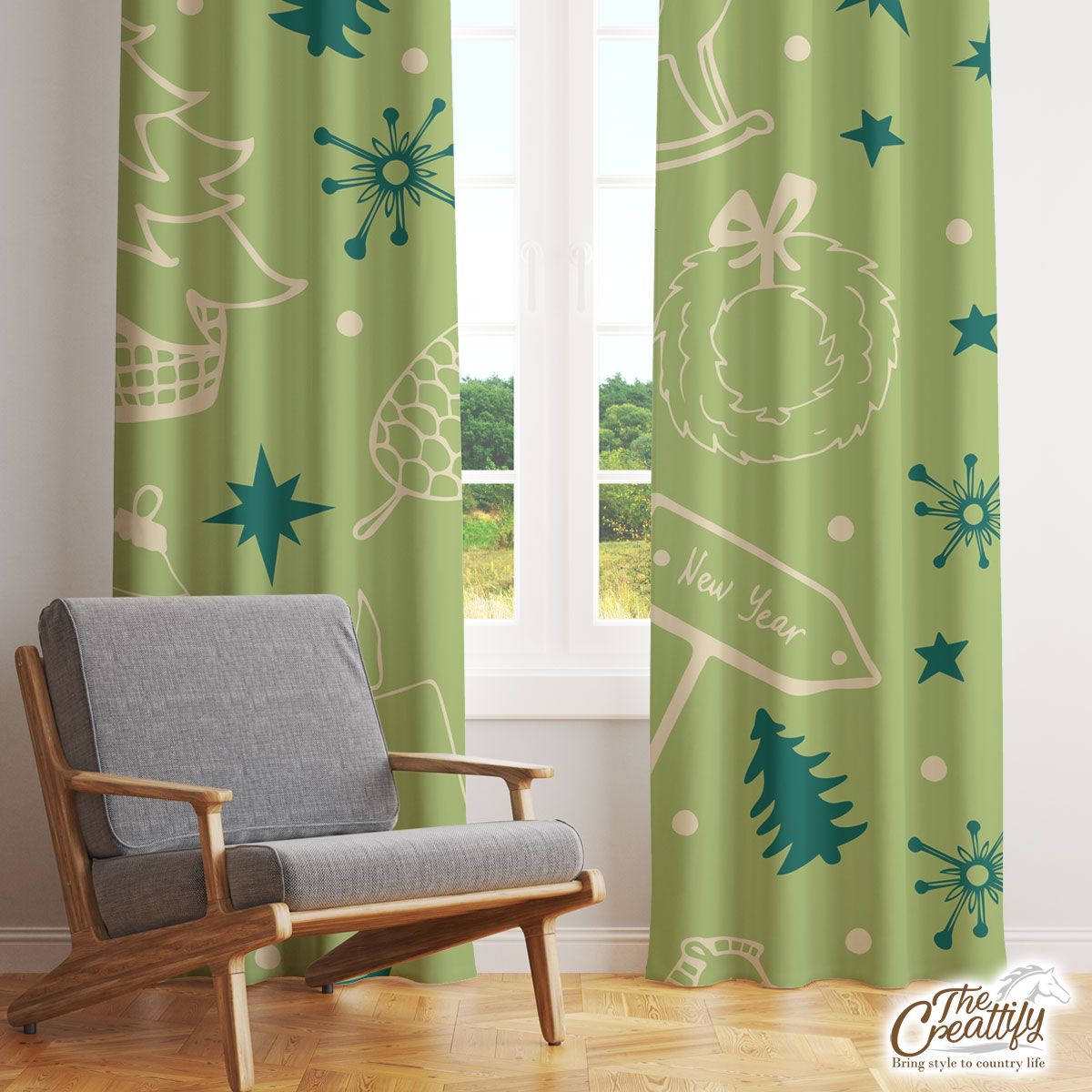 Christmas Balls, Pine Tree Silhouette On The Snowflake Background Window Curtain