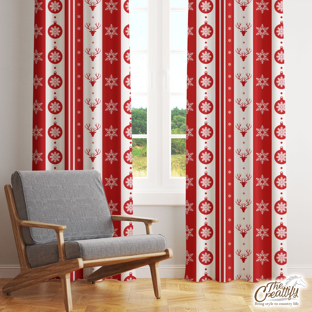 Christmas Balls, Reindeer, Snowflake Clipart Red And White Stripe Pattern Window Curtain