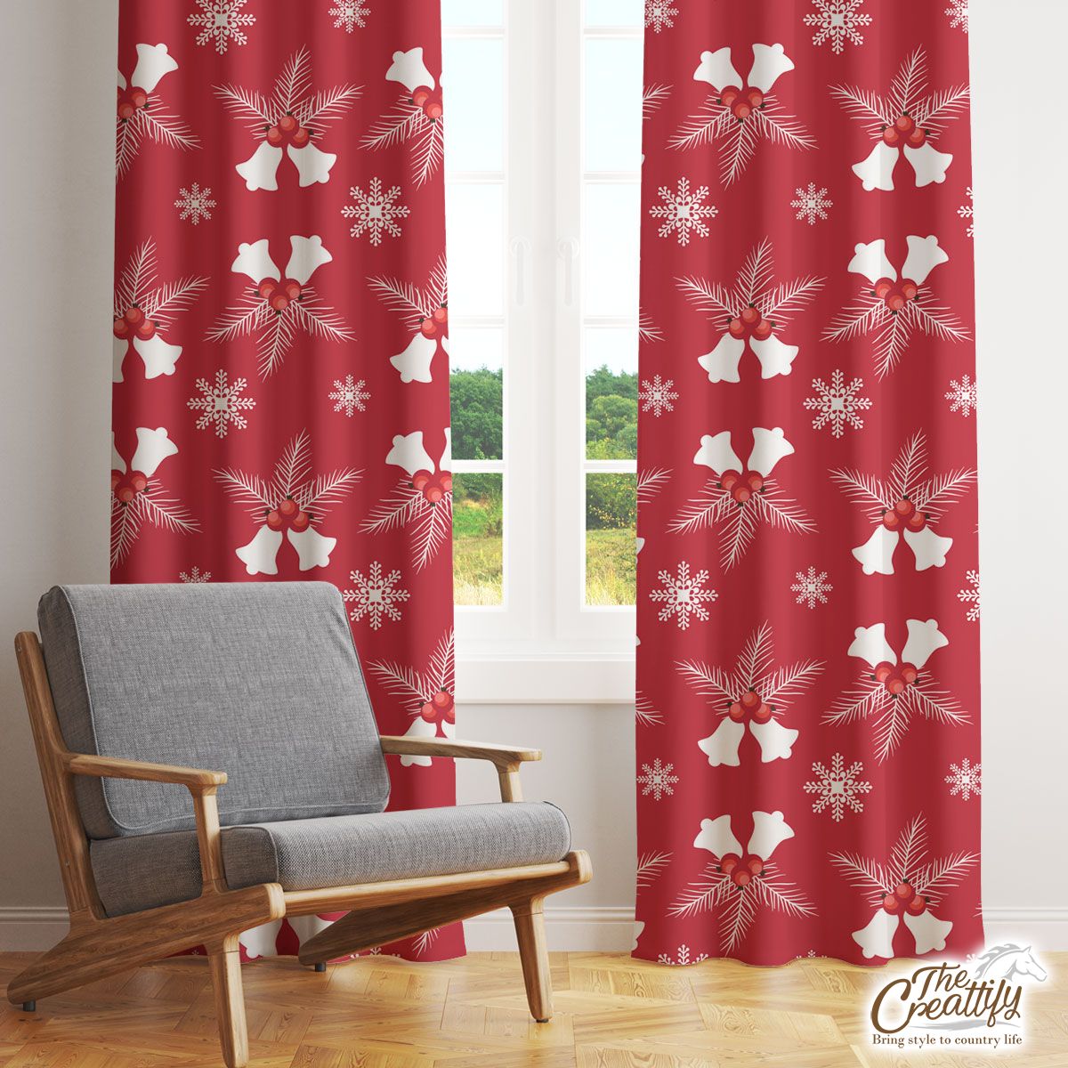 Christmas Bells With Cranberries On The Snowflake Red Background Window Curtain