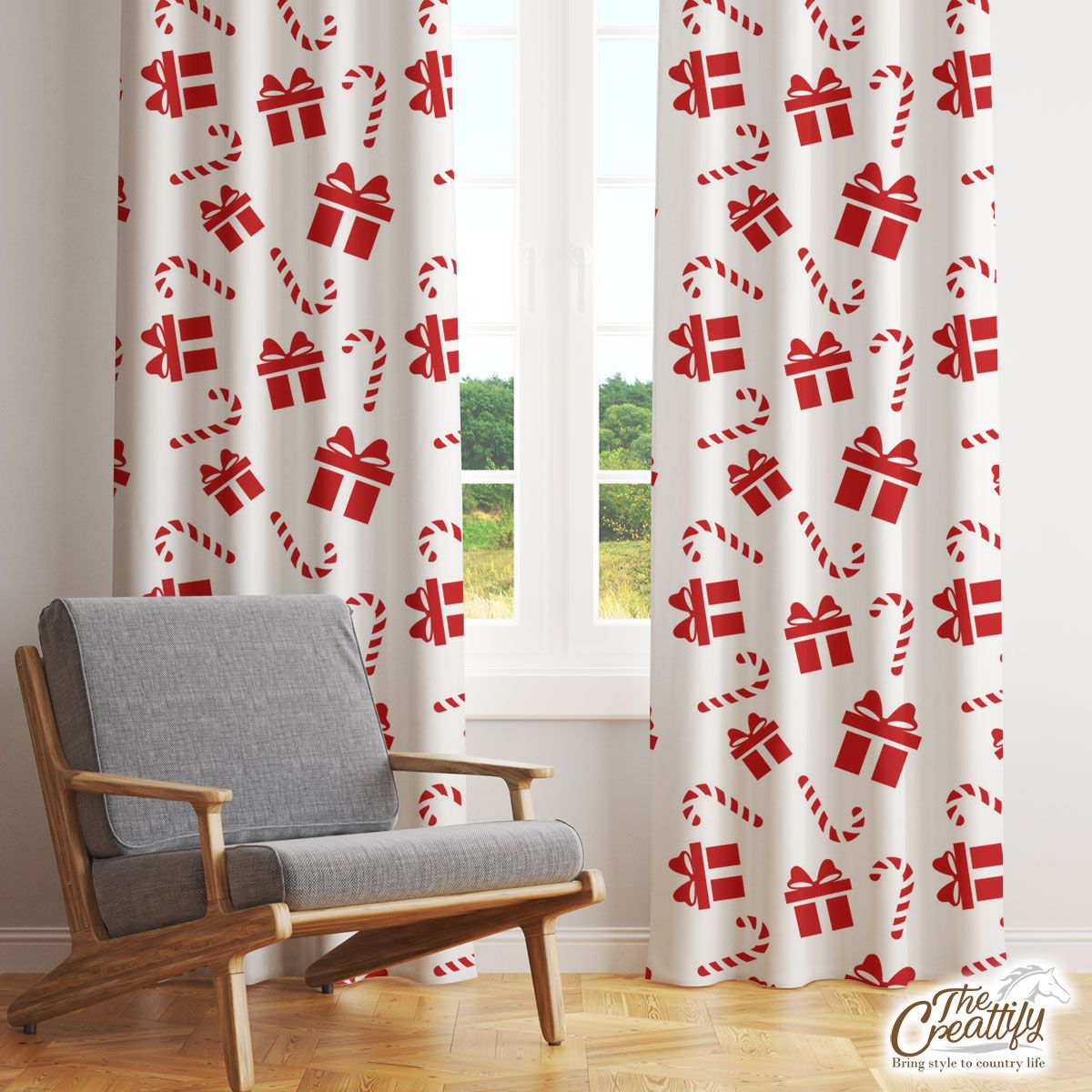 Christmas Gifts And Candy Canes Seamless White Pattern Window Curtain