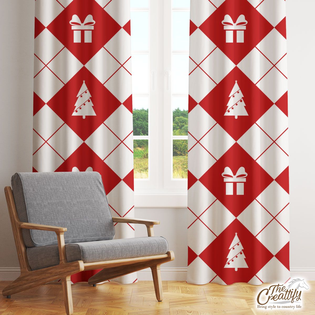 Christmas Gifts And Pine Tree Decorated With Lights On Red And White Background Window Curtain