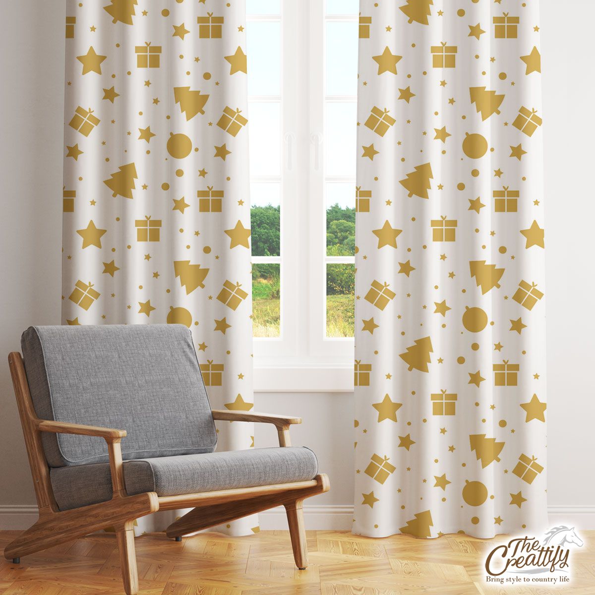 Christmas Gifts, Baudles And Pine Tree Silhouette Filled In Gold Color Pattern Window Curtain