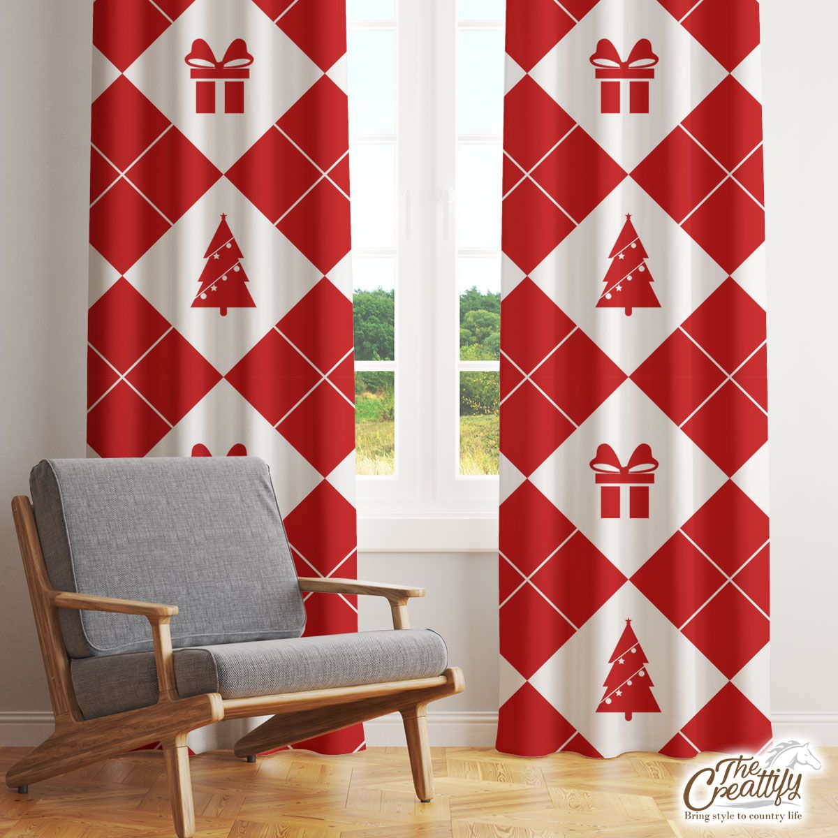 Christmas Gifts, Pine Tree Red And White Checkerboard Seamless Pattern Window Curtain