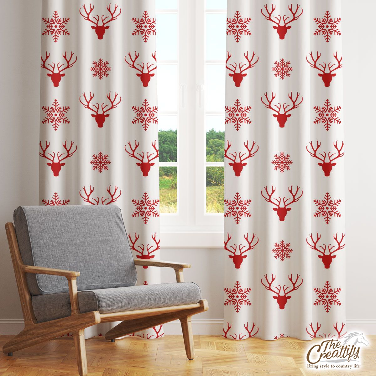 Christmas Reindeer And Snowflake Clipart Seamless White Pattern Window Curtain