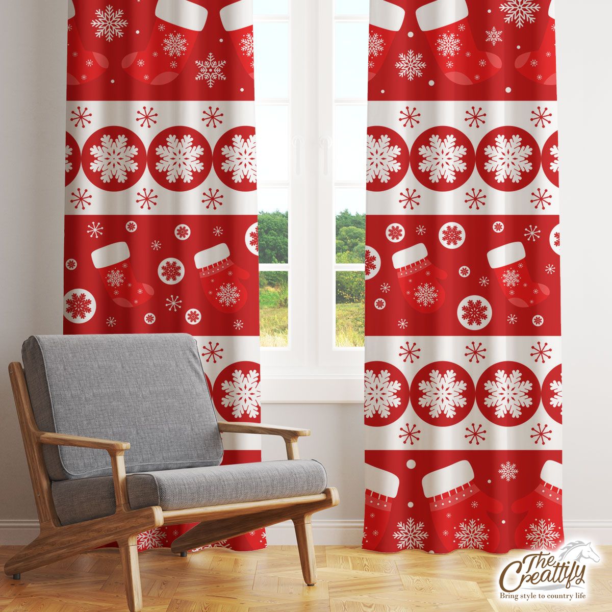 Christmas Wool Gloves, Red Socks And Snowflake Red Pattern Window Curtain
