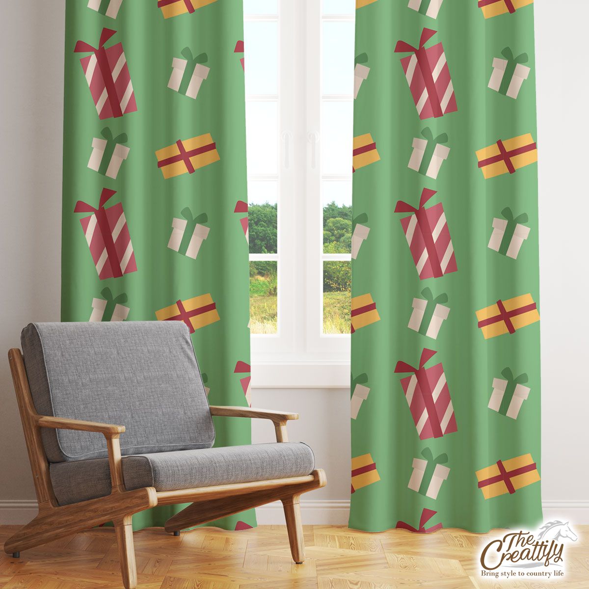 Colorful Christmas Gifts Seamless Green Pattern Window Curtain