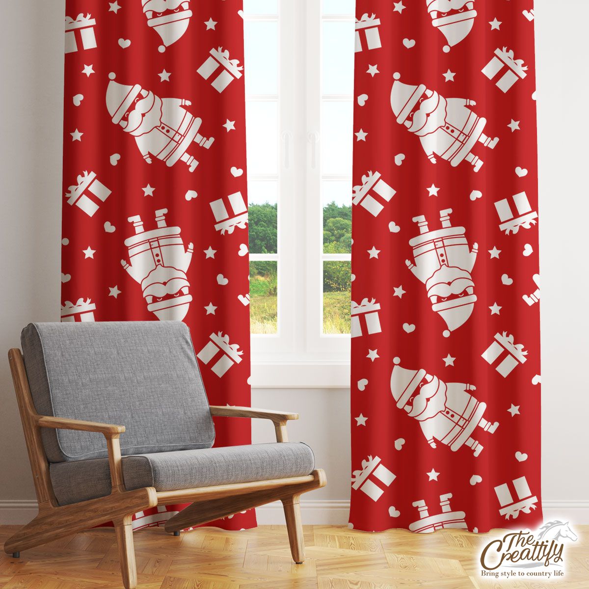 Cute Santa Claus With Christmas Gifts On The Red Background Window Curtain