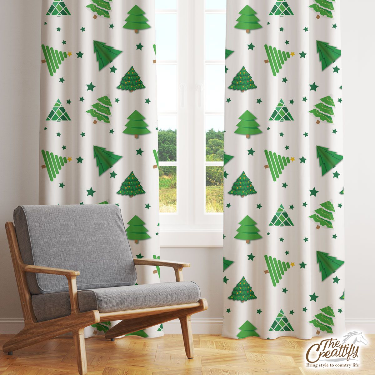 Green And White Pine Tree Seamless Pattern Window Curtain