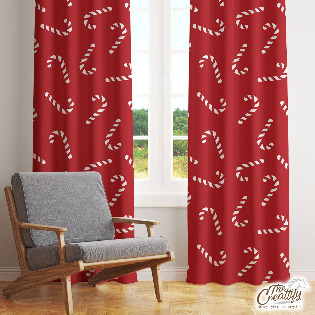 Happy Christmas With Candy Canes Seamless Red Pattern Window Curtain