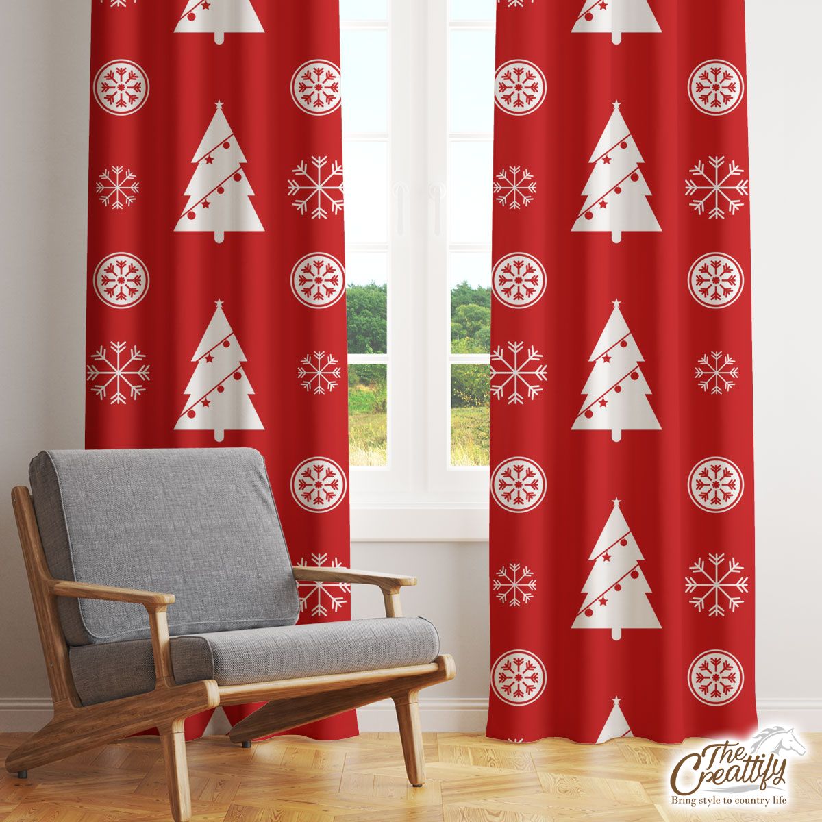 Pine Tree Decorated With Christmas Light And Snowflake Seamless Red Pattern Window Curtain
