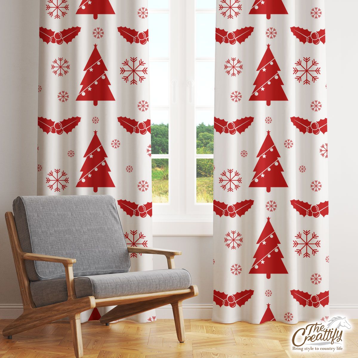 Pine Tree With Christmas Light And Holly Left On The Snowflake Background Window Curtain