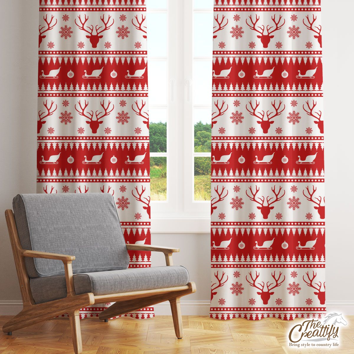 Red And White Reindeer, Santa Sleigh, Christmas Balls On The Snowflake Background Window Curtain