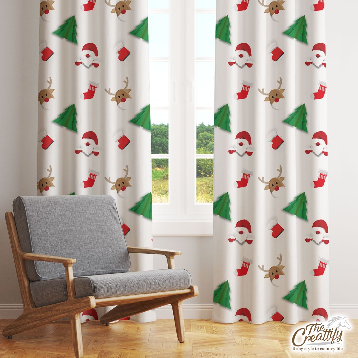 Santa Claus, Pine Tree Silhouette, Christmas Reindeer And Red Socks Seamless Pattern Window Curtain