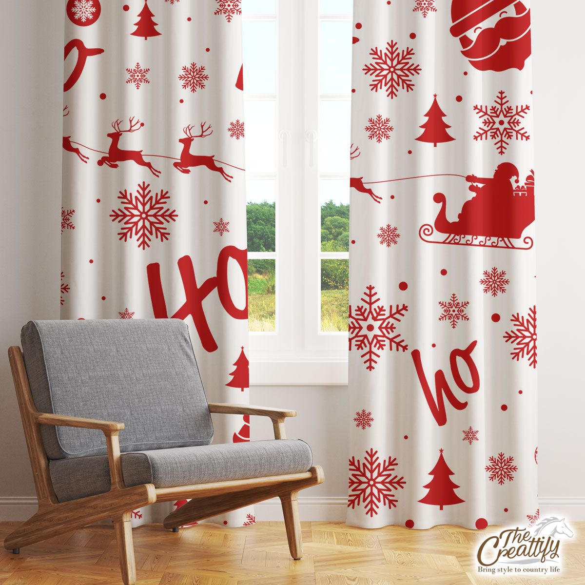 Santa Claus, Santas Reindeer And Christmas Sleigh On The Snowflake Background Window Curtain