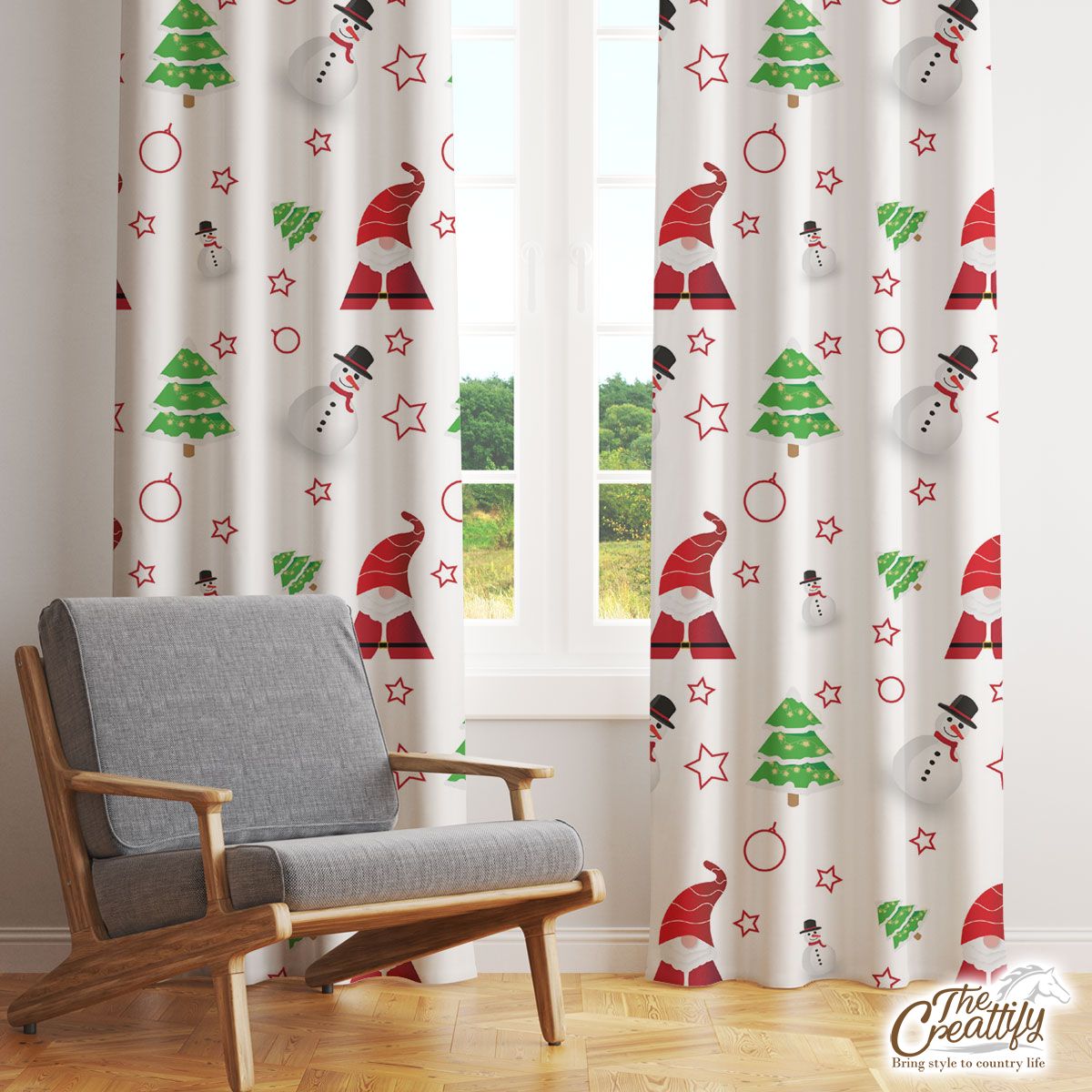 Santa Claus, Snowman Clipart And Pine Tree Silhouette Seamless Pattern Window Curtain