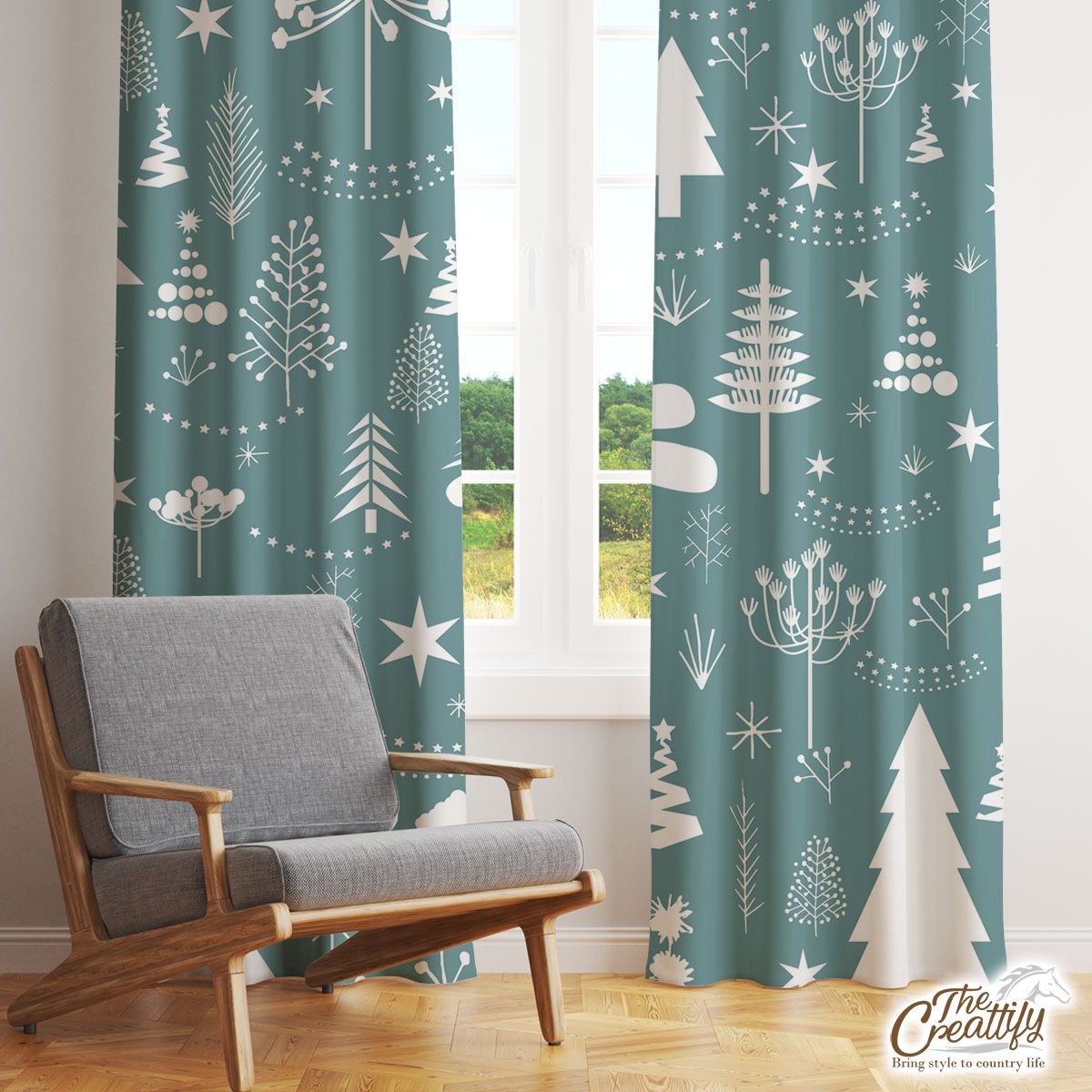 White And Blue Pine Tree Silhouette Pattern Window Curtain