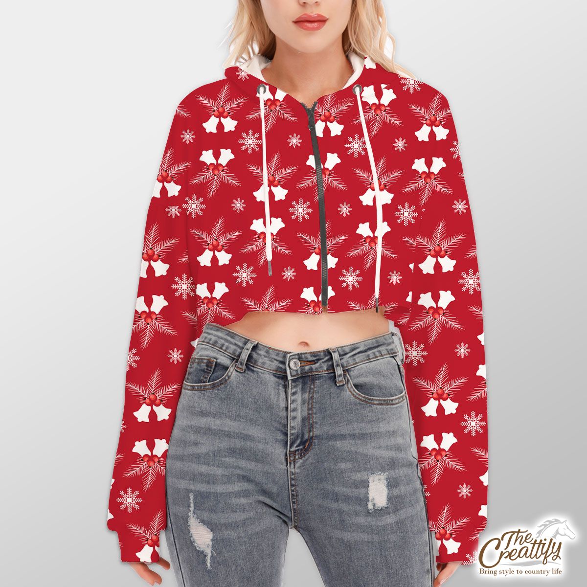 Christmas Bells With Cranberries On The Snowflake Red Background Hoodie With Zipper Closure