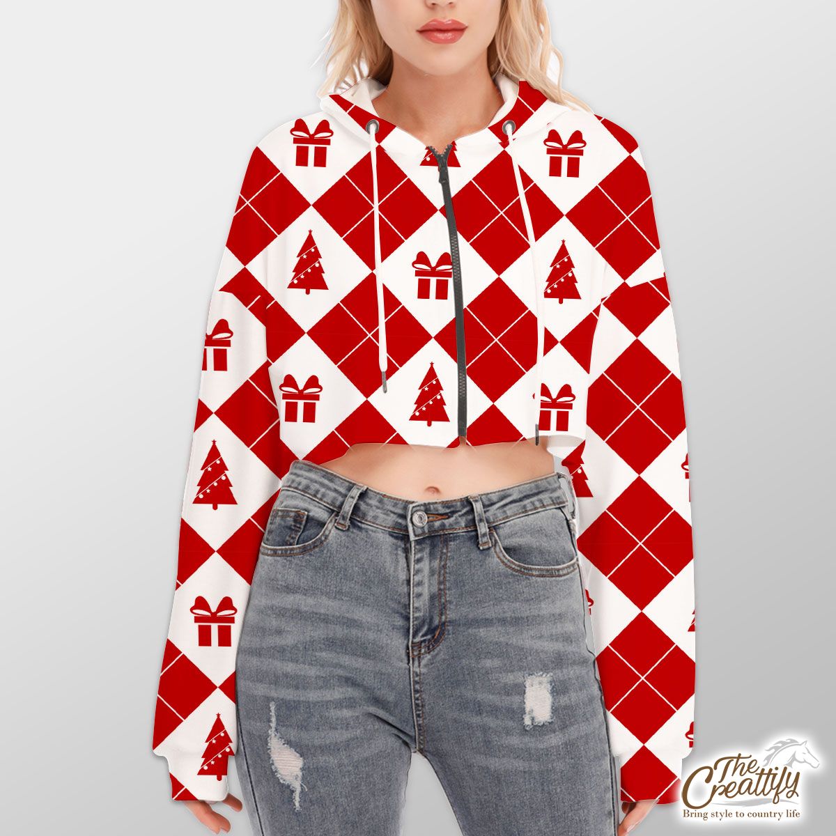 Christmas Gifts, Pine Tree Red And White Checkerboard Seamless Pattern Hoodie With Zipper Closure