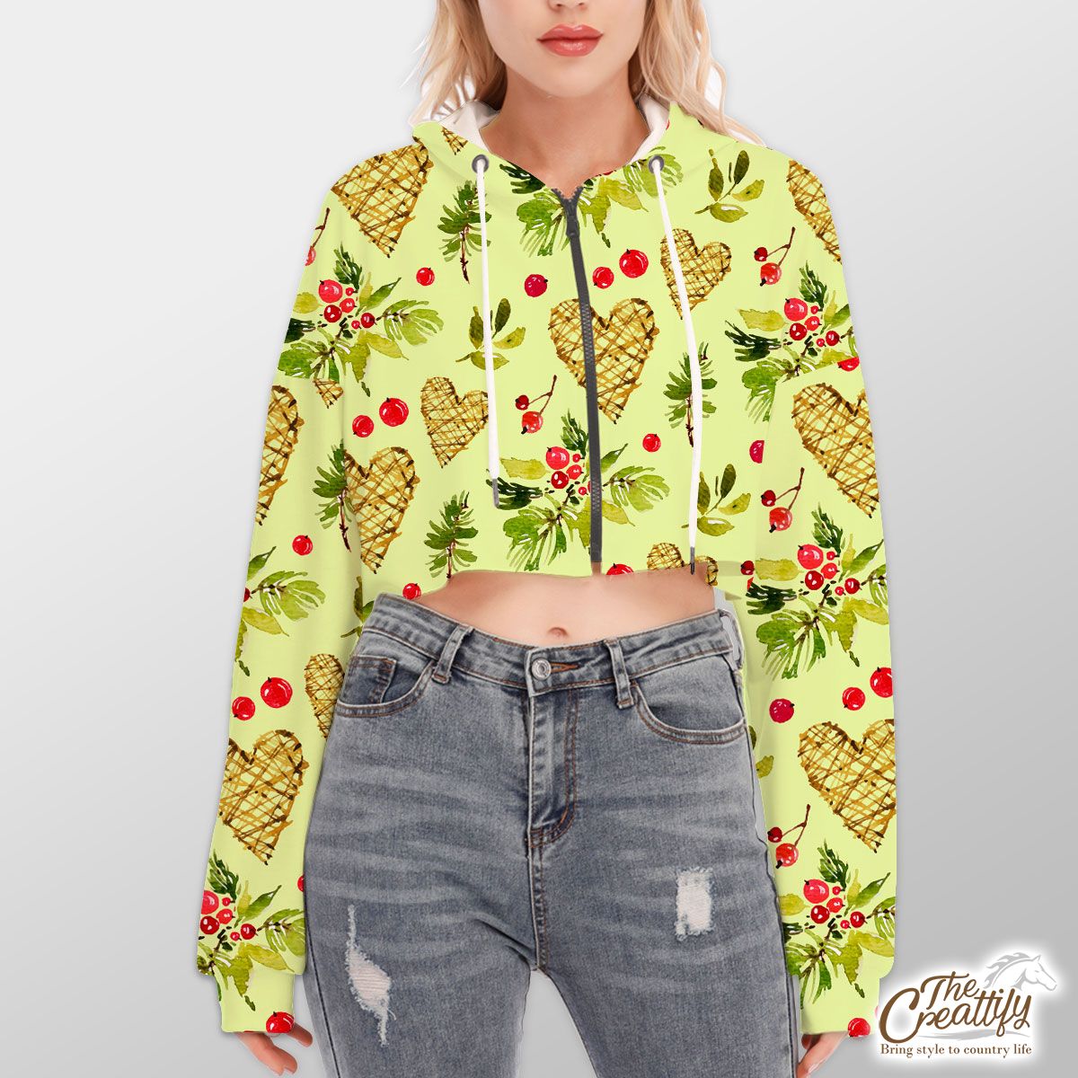 Christmas Mistletoe Drawing With Heart Seamless Pattern Hoodie With Zipper Closure