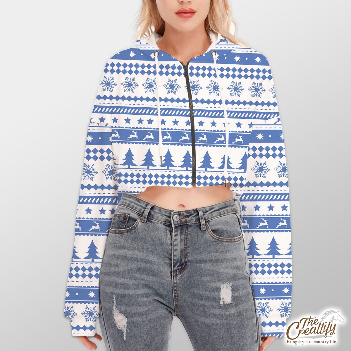 Christmas Pine Tree Silhouette, Reindeer And Snowflake Seamless Blue Pattern Hoodie With Zipper Closure