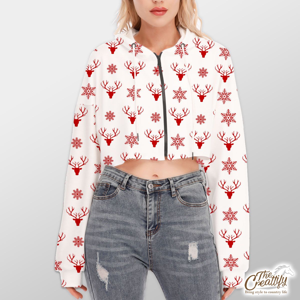 Christmas Reindeer And Snowflake Clipart Seamless White Pattern Hoodie With Zipper Closure
