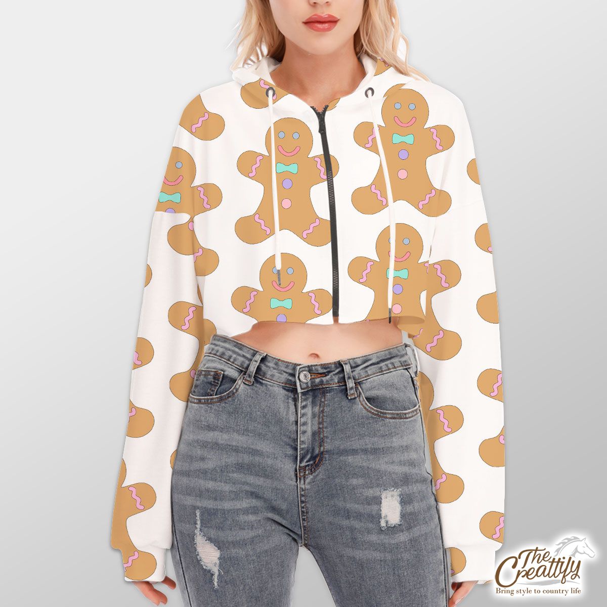 Cute Gingerbread Man Cookies Seamless Pattern Hoodie With Zipper Closure