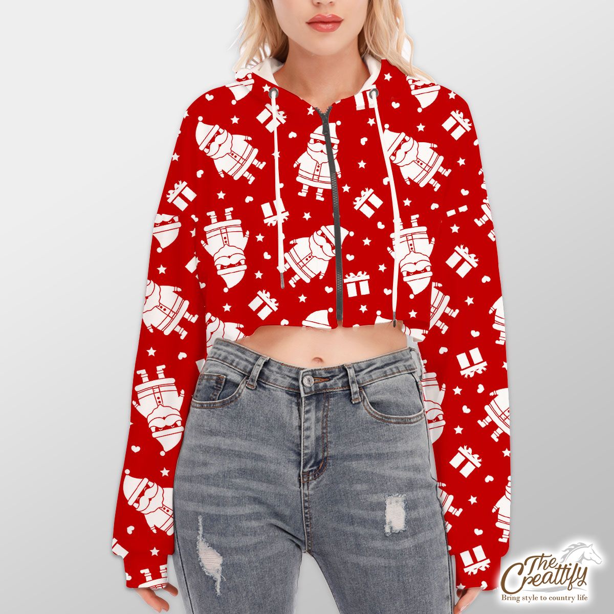 Cute Santa Claus With Christmas Gifts On The Red Background Hoodie With Zipper Closure