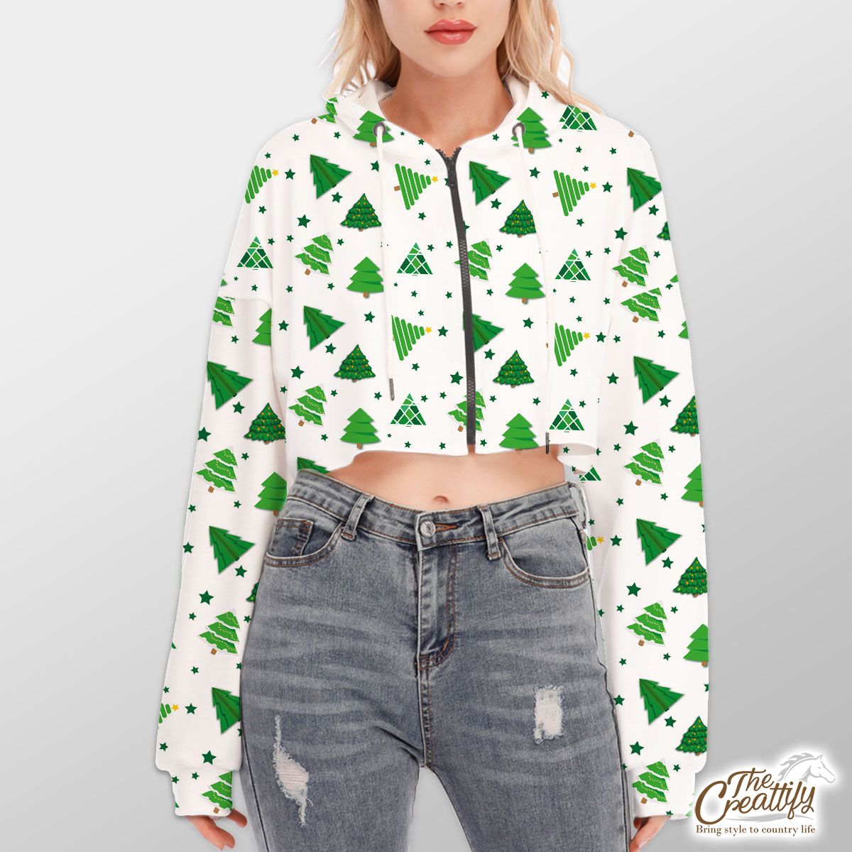 Green And White Pine Tree Seamless Pattern Hoodie With Zipper Closure