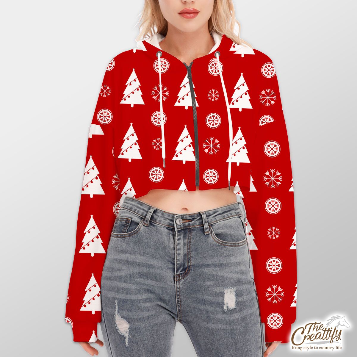 Pine Tree Decorated With Christmas Light And Snowflake Seamless Red Pattern Hoodie With Zipper Closure
