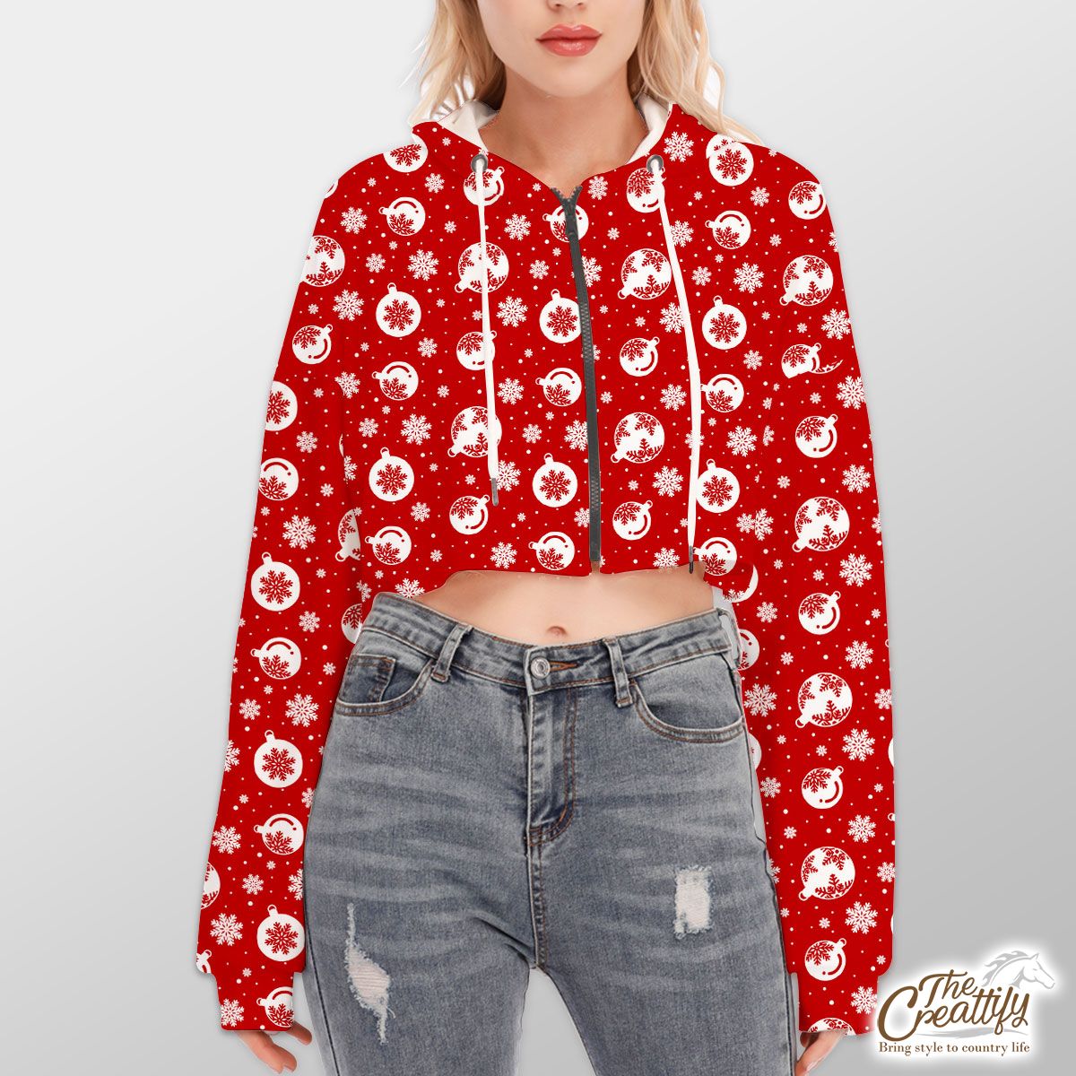 Red And White Christmas Balls On The Snowflake Background Hoodie With Zipper Closure