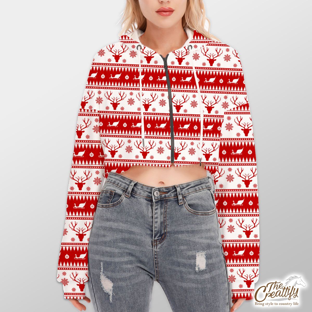 Red And White Reindeer, Santa Sleigh, Christmas Balls On The Snowflake Background Hoodie With Zipper Closure