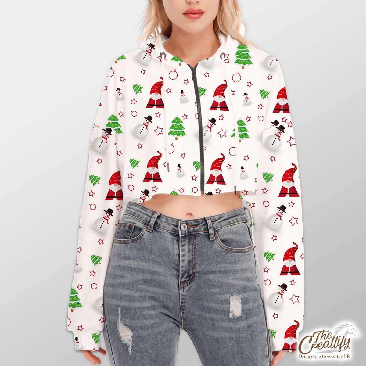 Santa Claus, Snowman Clipart And Pine Tree Silhouette Seamless Pattern Hoodie With Zipper Closure