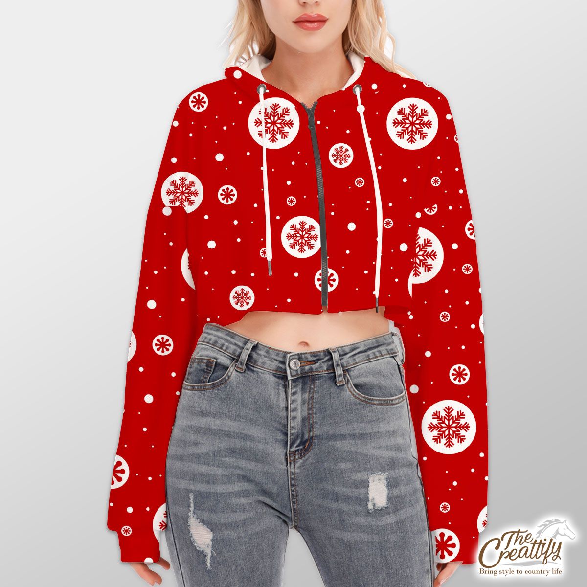Snowflake Clipart On The Red Background Hoodie With Zipper Closure